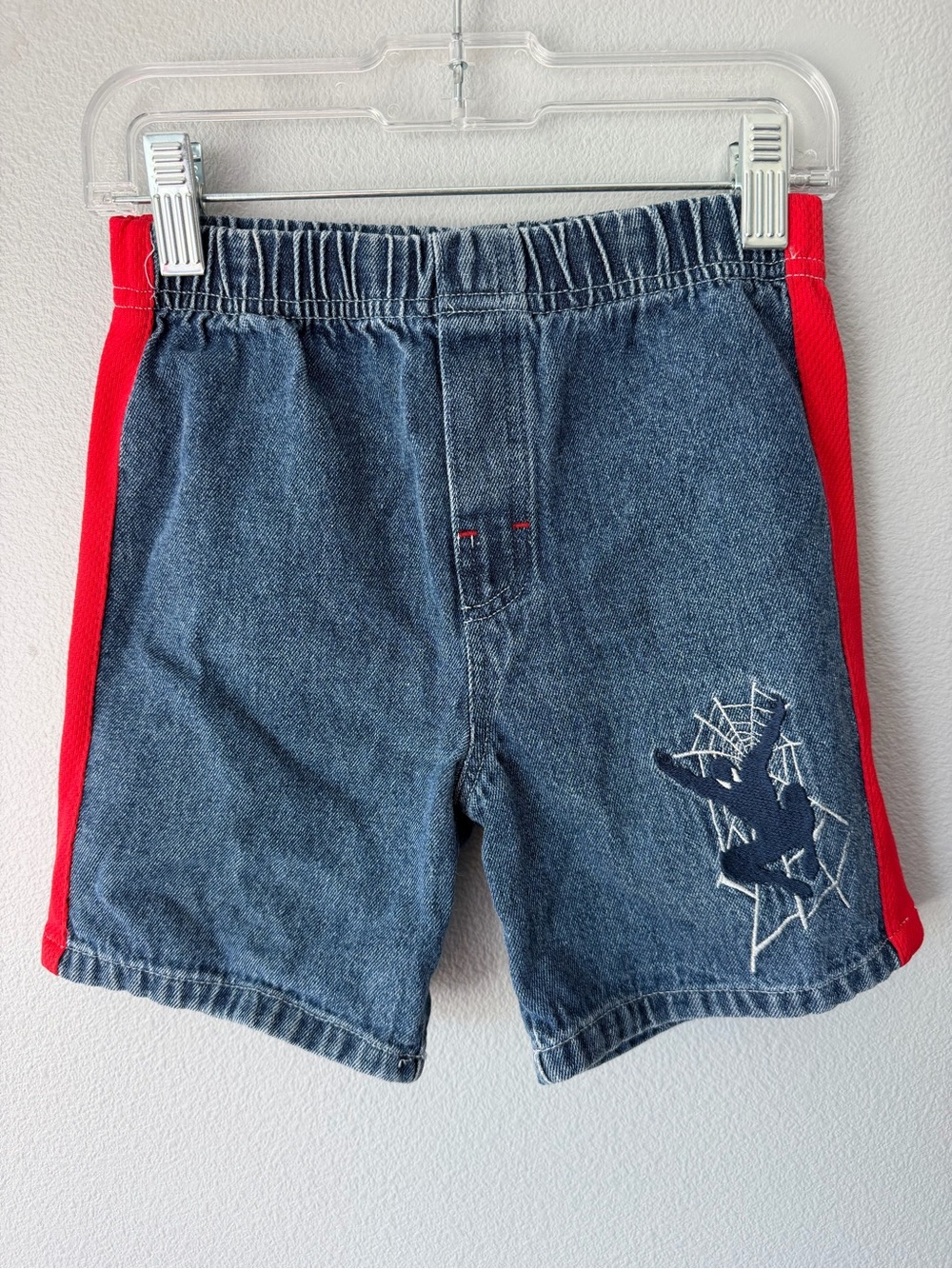 Spider-Man 2003 vintage blue denim red stripe embroidered jean shorts Boys 4T